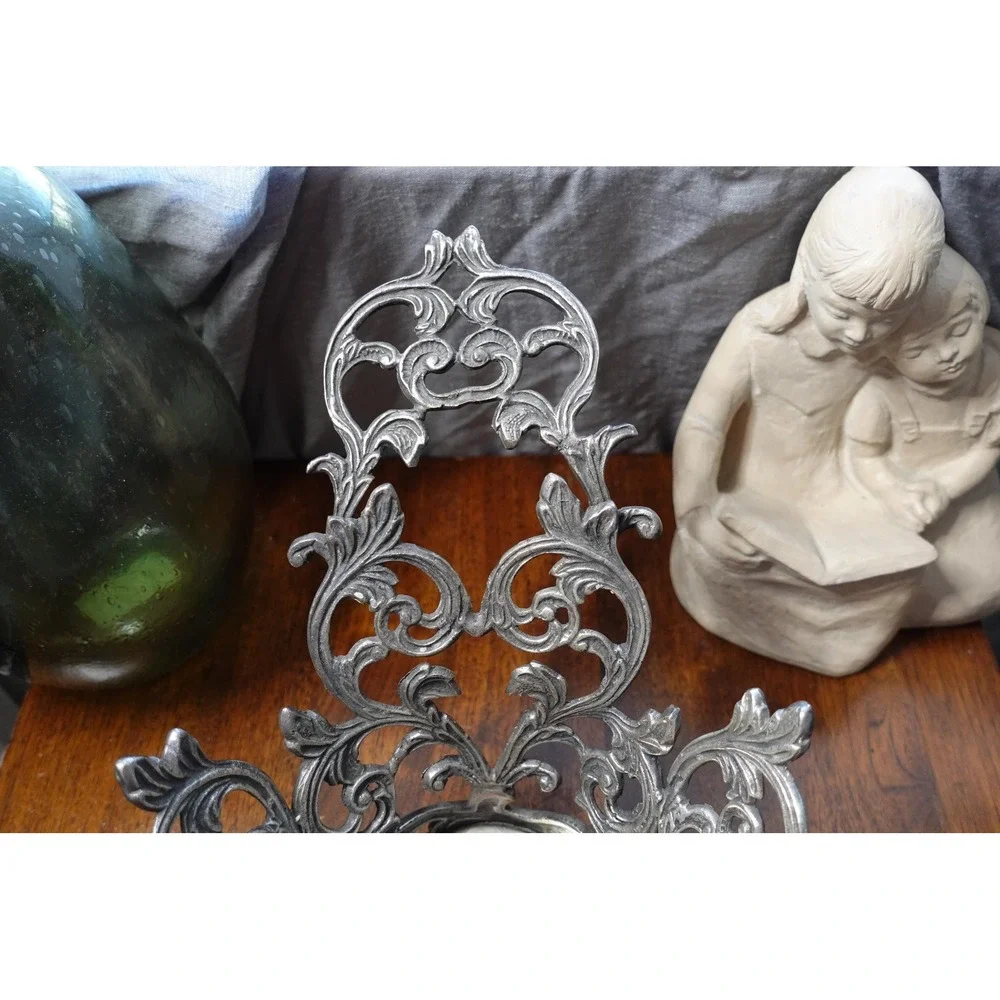 vintage pewter oval Victorian basket‎ ornate decor metal freestanding